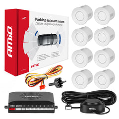 Parkeringsassistentsystem med otte hvide sensorer og buzzer