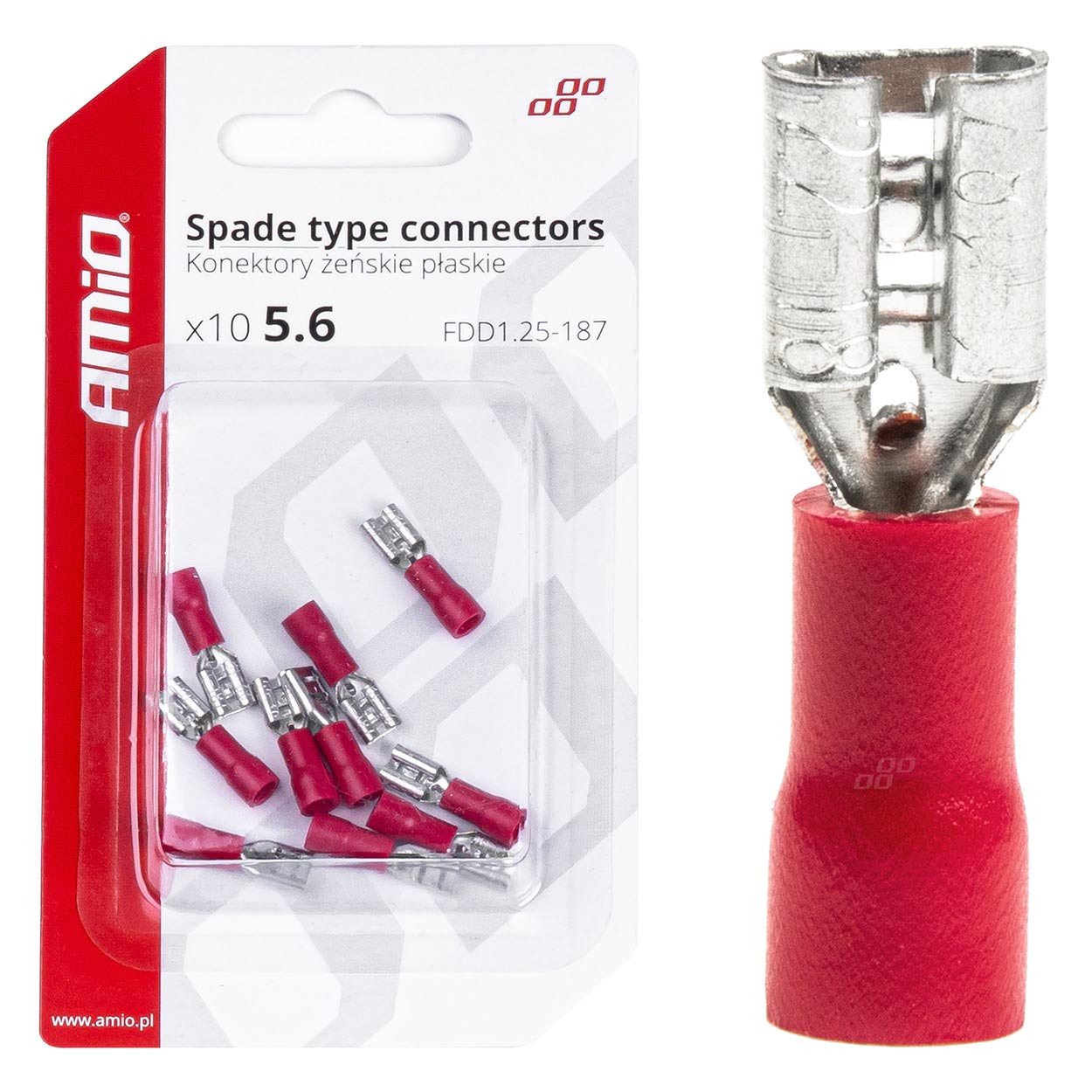 Røde isolerede hun-fladstik på 5,6 mm