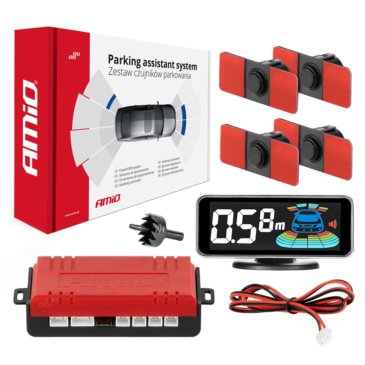 Parkeringsassistentsystem med 3D LED-display og fire sorte sensorer
