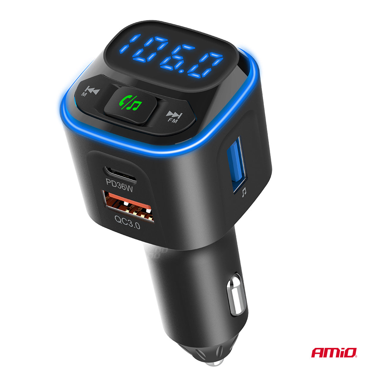 FM-transmitter til MP3-afspilning via microSD og Bluetooth