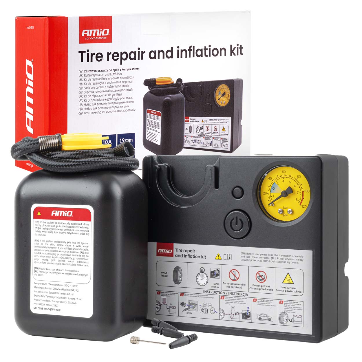 Dækreparationssæt med 12V-kompressor