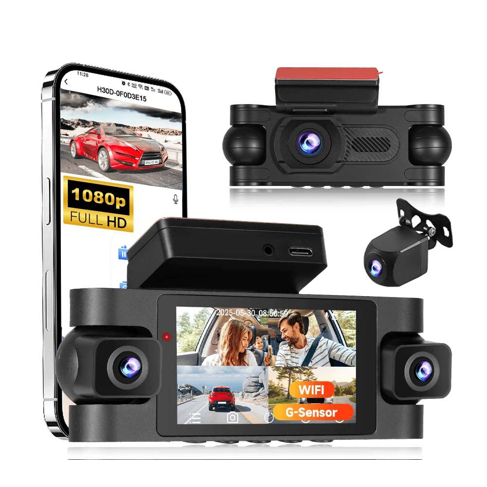 4-linse 2K Dash Cam med Touchskærm og 360° Overvågning med flere kameraer og smartphone tilslutning.