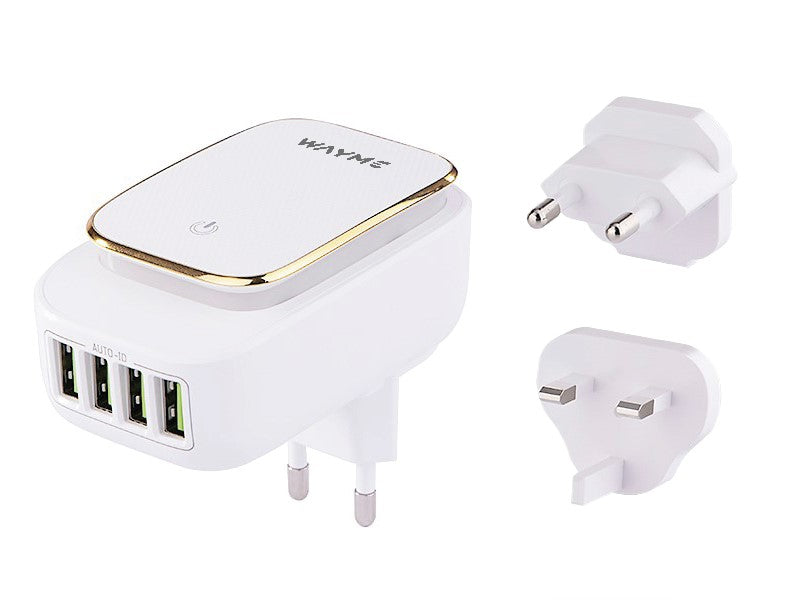 WAYME rejseoplader med 4 USB-A, LED-lys og stik til EU, UK og USA