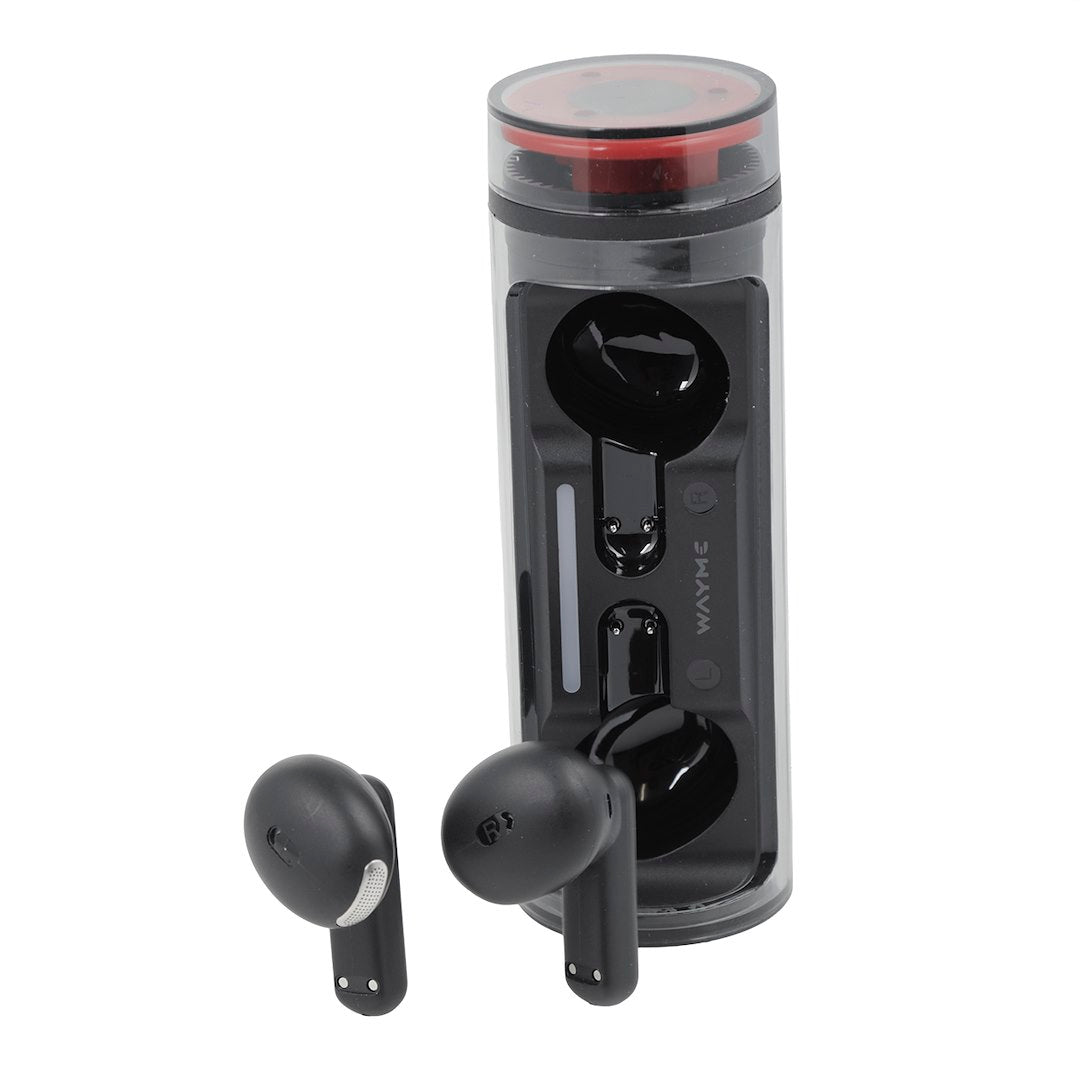 WAYME earbuds og opladningsetui med roterende låg