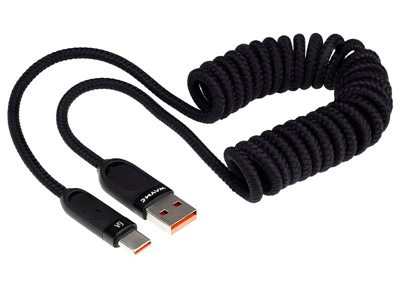 WAYME USB-C ladekabel med spiraldesign i sort, 50-180 cm