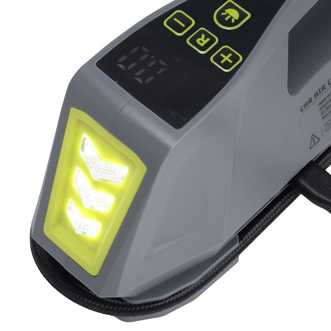 Kompakt luftkompressor til 12V og 230V med LED-lommelygte