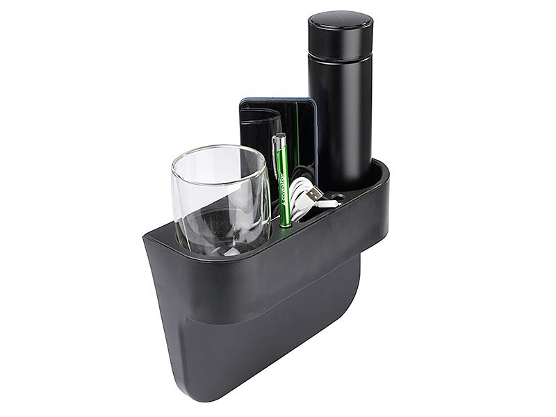 Sort organizer til bil med kopholder og rum til småting