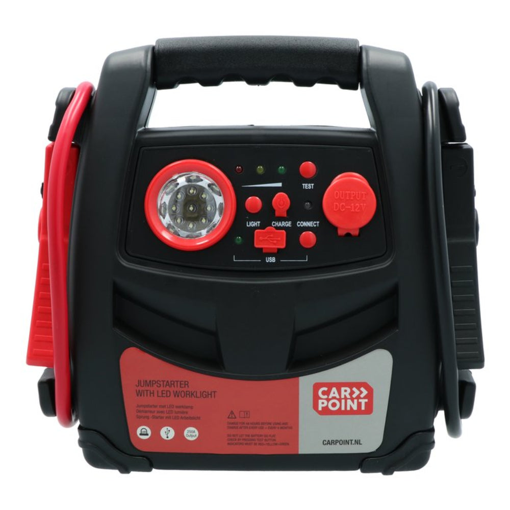 Carpoint Jumpstarter 12V/7Ah 2-i-1 LED product with work light and USB output, ideal for emergency car start.