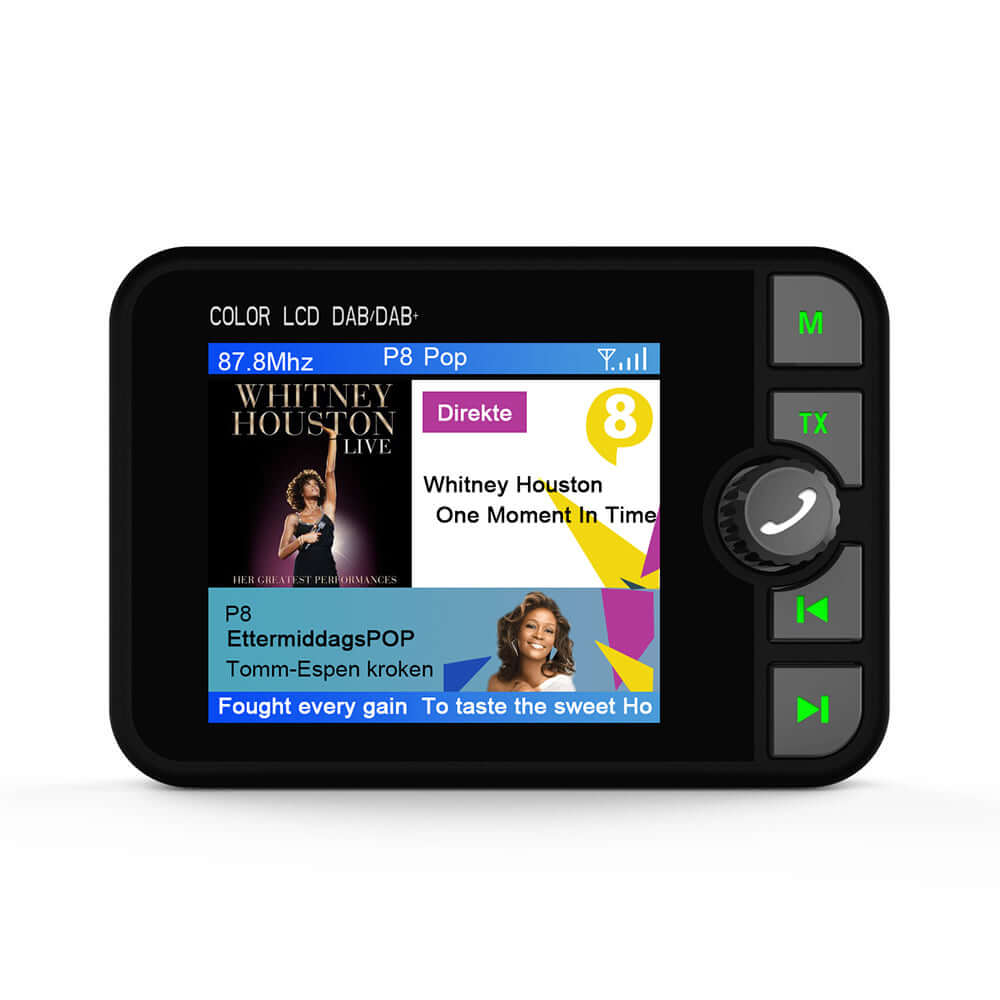 DAB+ Adapter med 2,4" Farve LCD m. Bluetooth, FM Transmitter og AUX, viser musik og stationer.