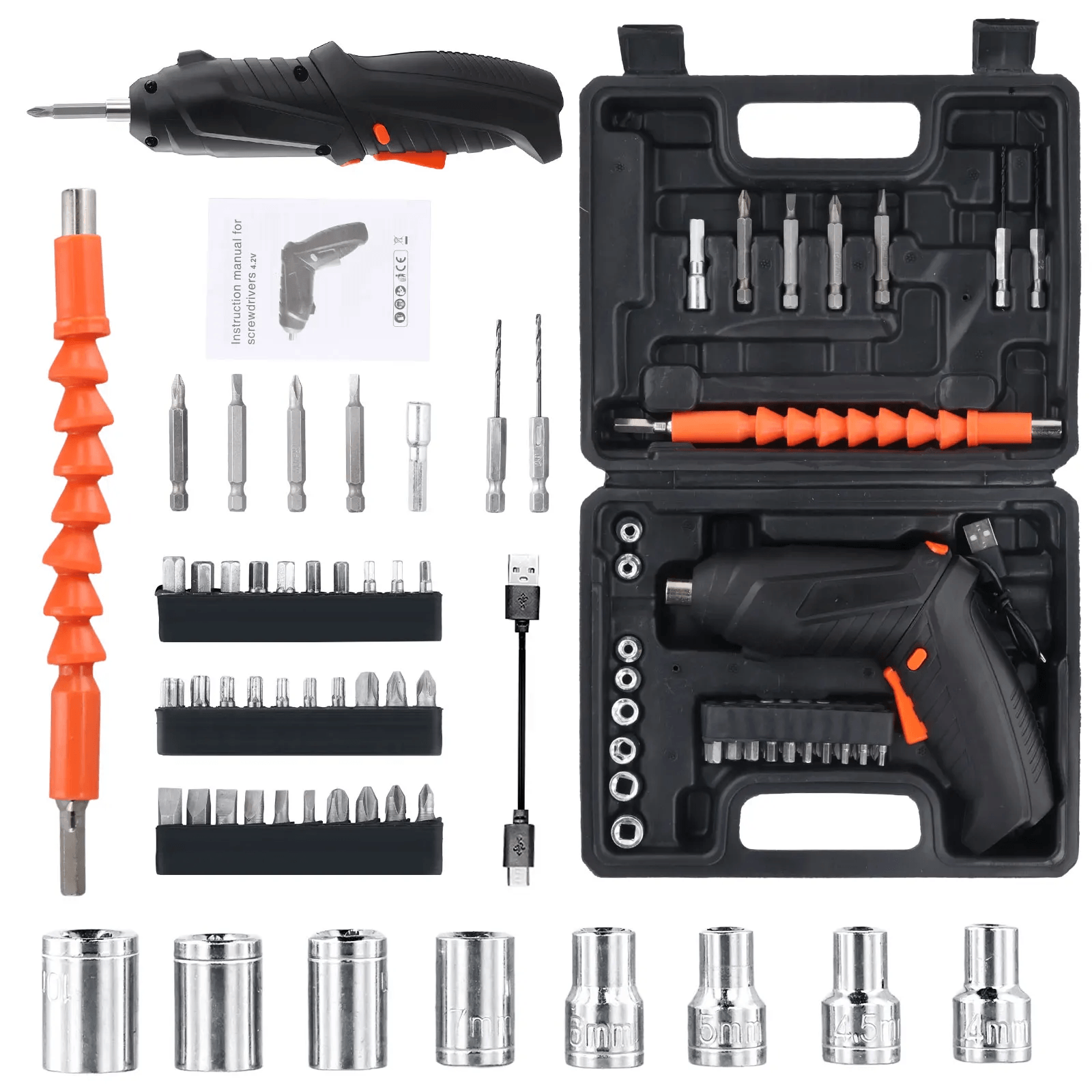Elektrisk Skruetrækker Sæt 47 Dele – 3.6V Trådløs Multiværktøj med forskellige bits og tilbehør.
