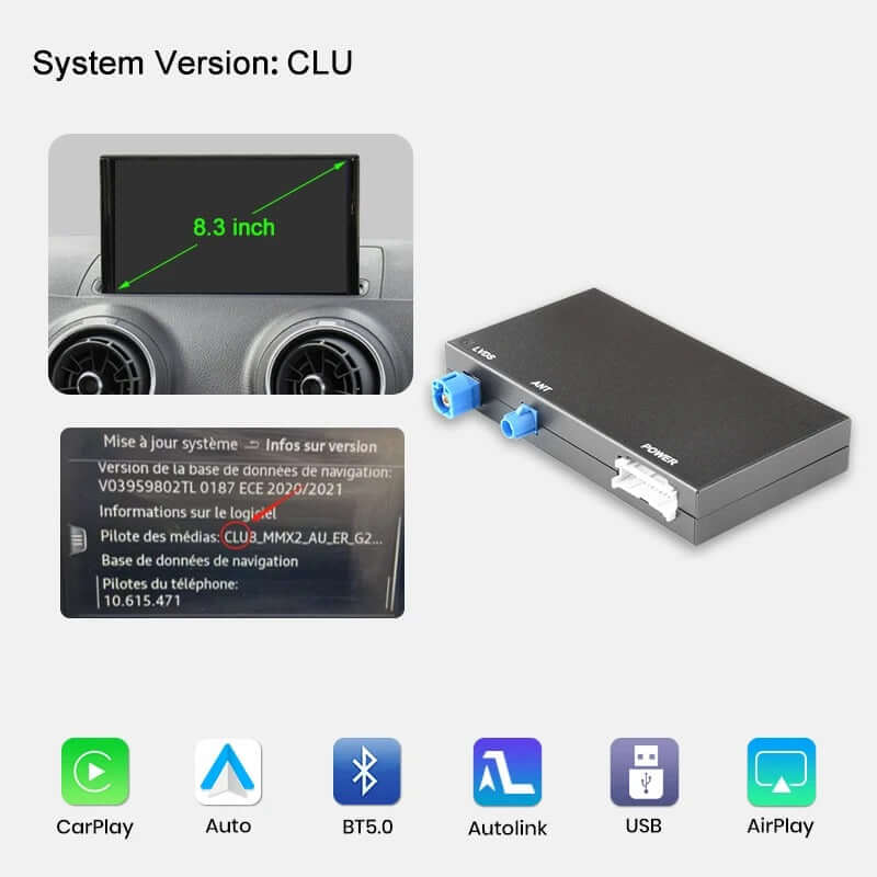 Trådløs Apple CarPlay & Android Auto til Audi A3 og Q2 (2012–2020) – Original skærm, systemversion CLU, 8.3 inch skærm.
